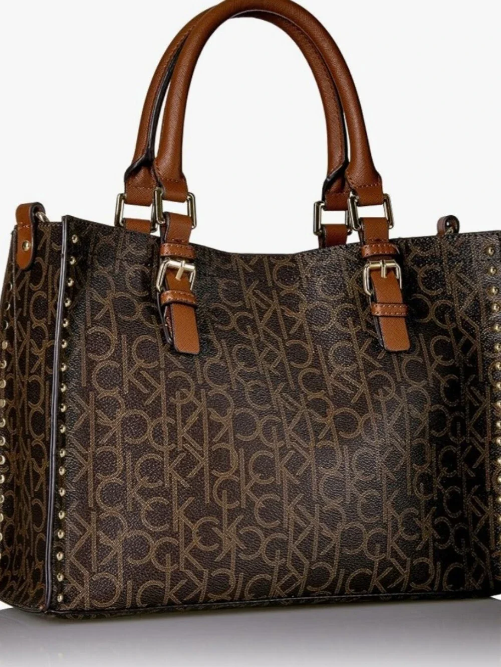 Calvin Klein Brown Monogram Satchel with Tan Trim